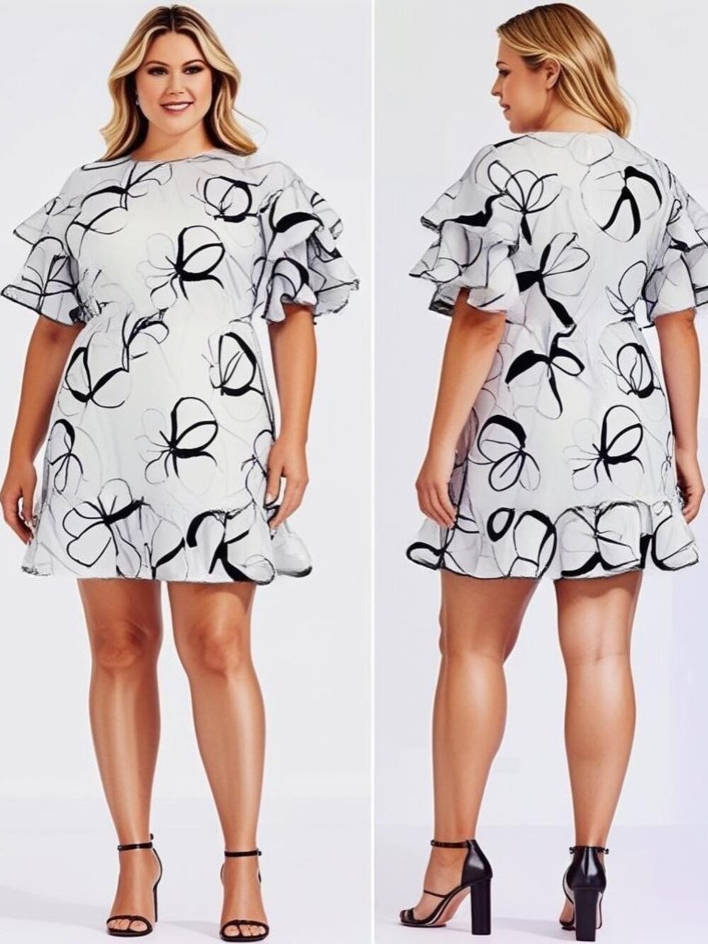 Vince Camuto White Black Floral Layered Ruffle Flutter Sleeve Mini Dress Size 16